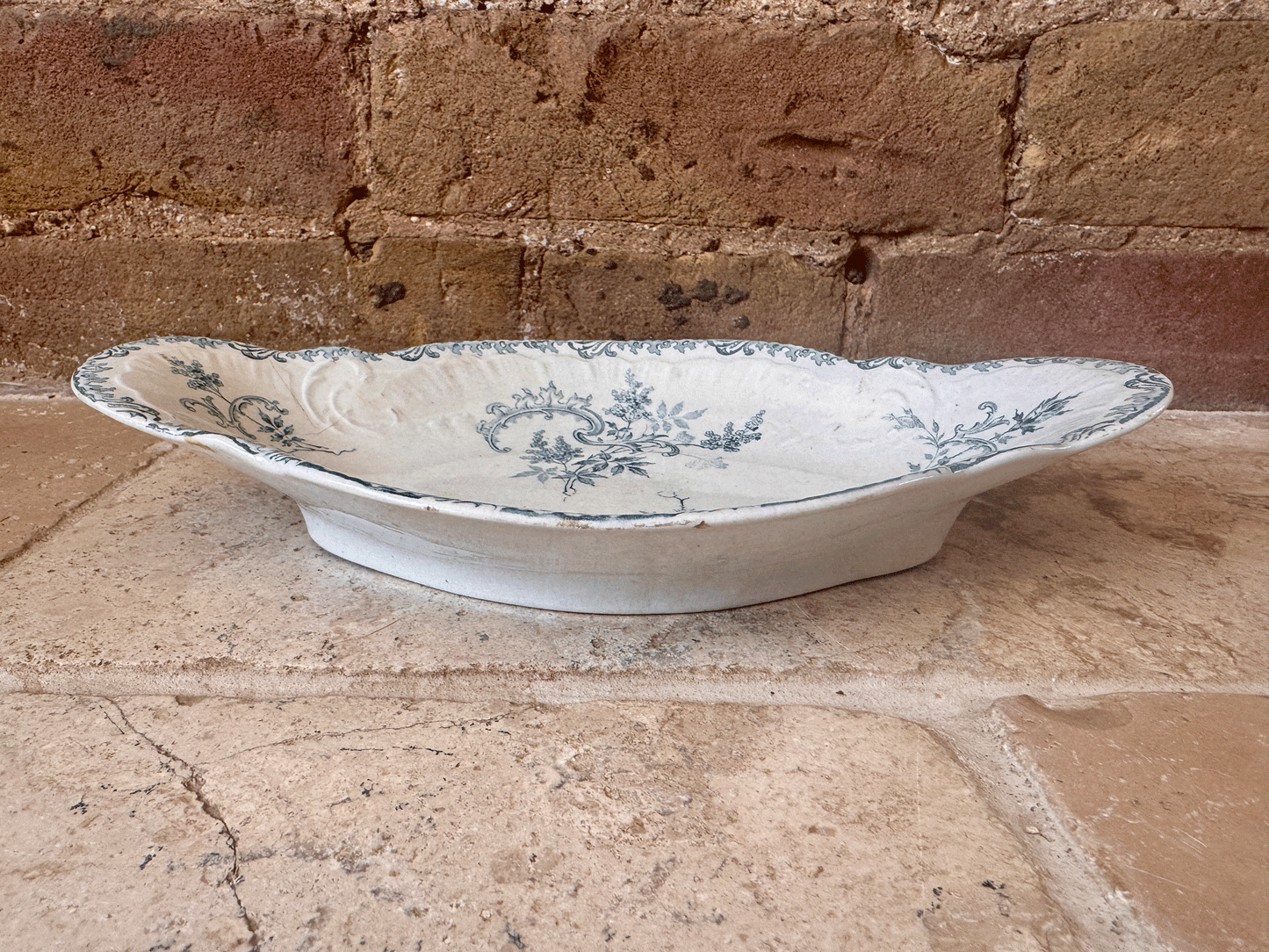antique french teal green blue transferware ironstone terre de fer ravier dish boulenger