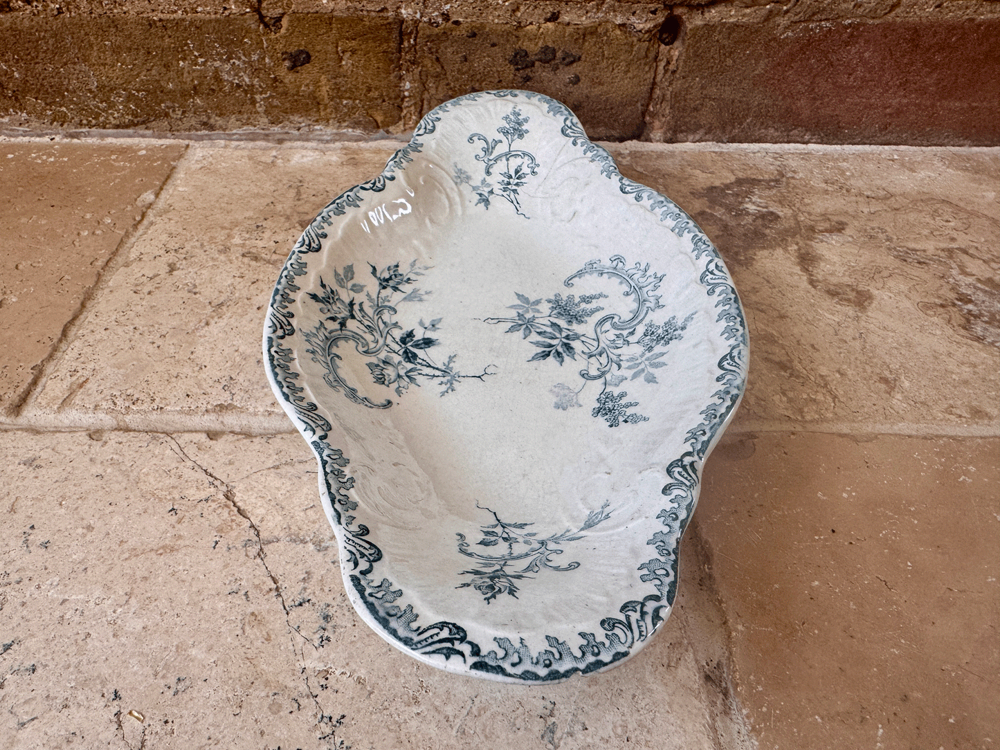 antique french teal green blue transferware ironstone terre de fer ravier dish boulenger