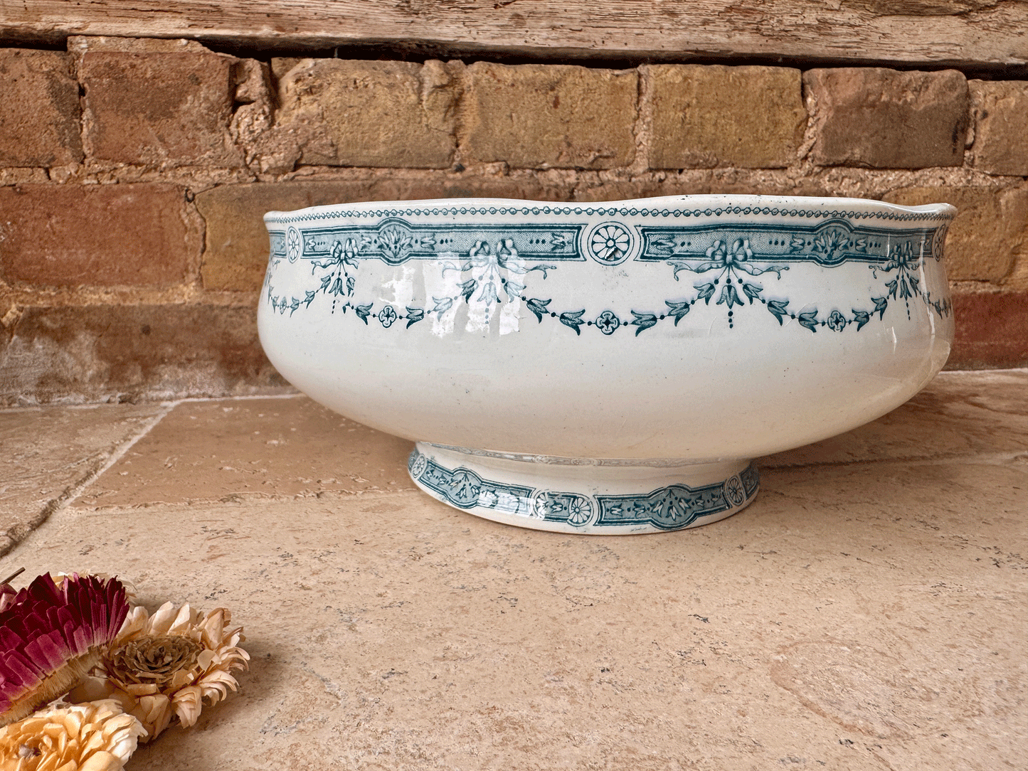 antique french large white ironstone terre de fer saladier serving bowl teal green transferware provence moulin loups hamage