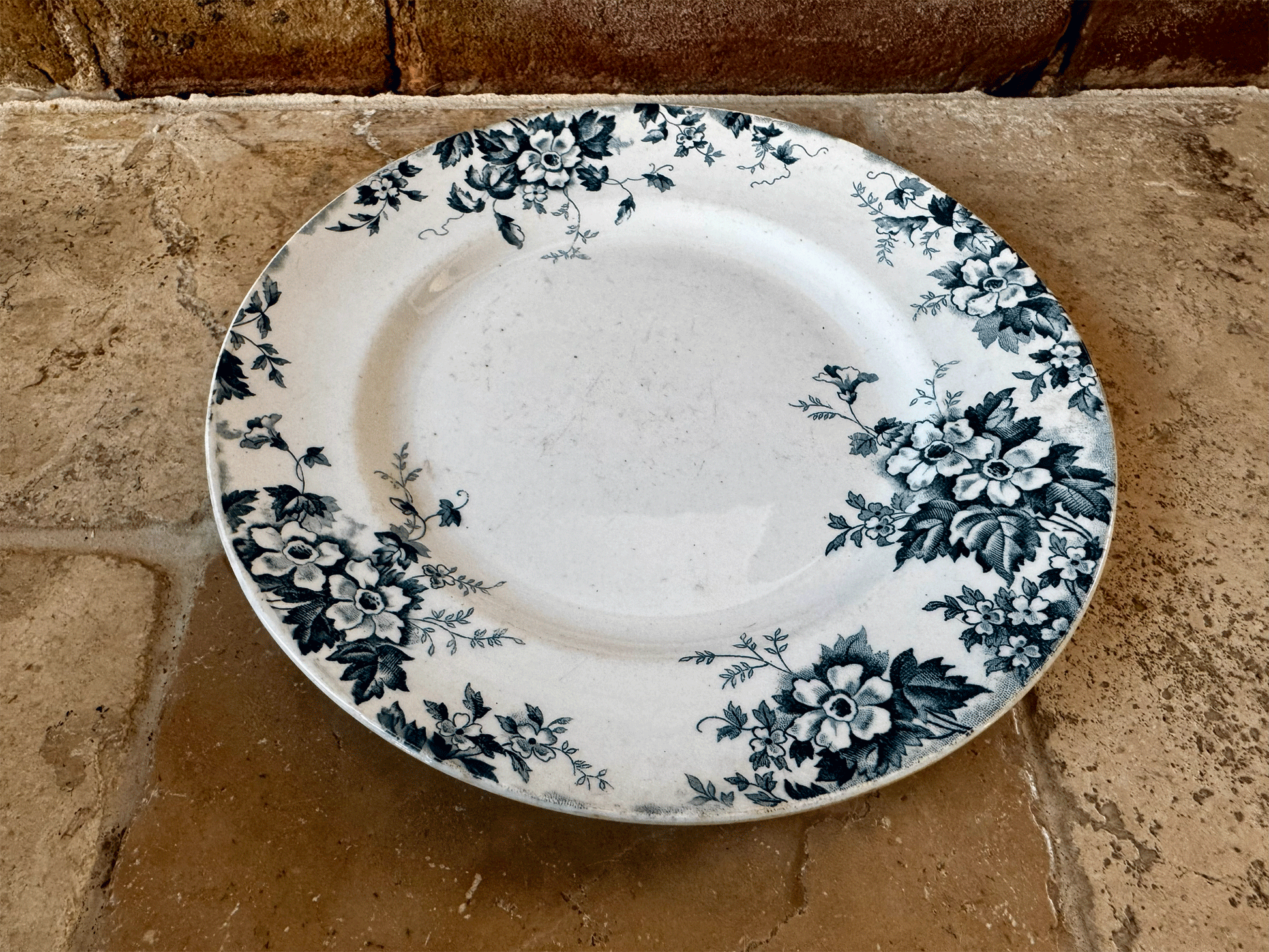 antique french st amand hamage ironstone terre de fer teal transferware plate floral marie louise pattern
