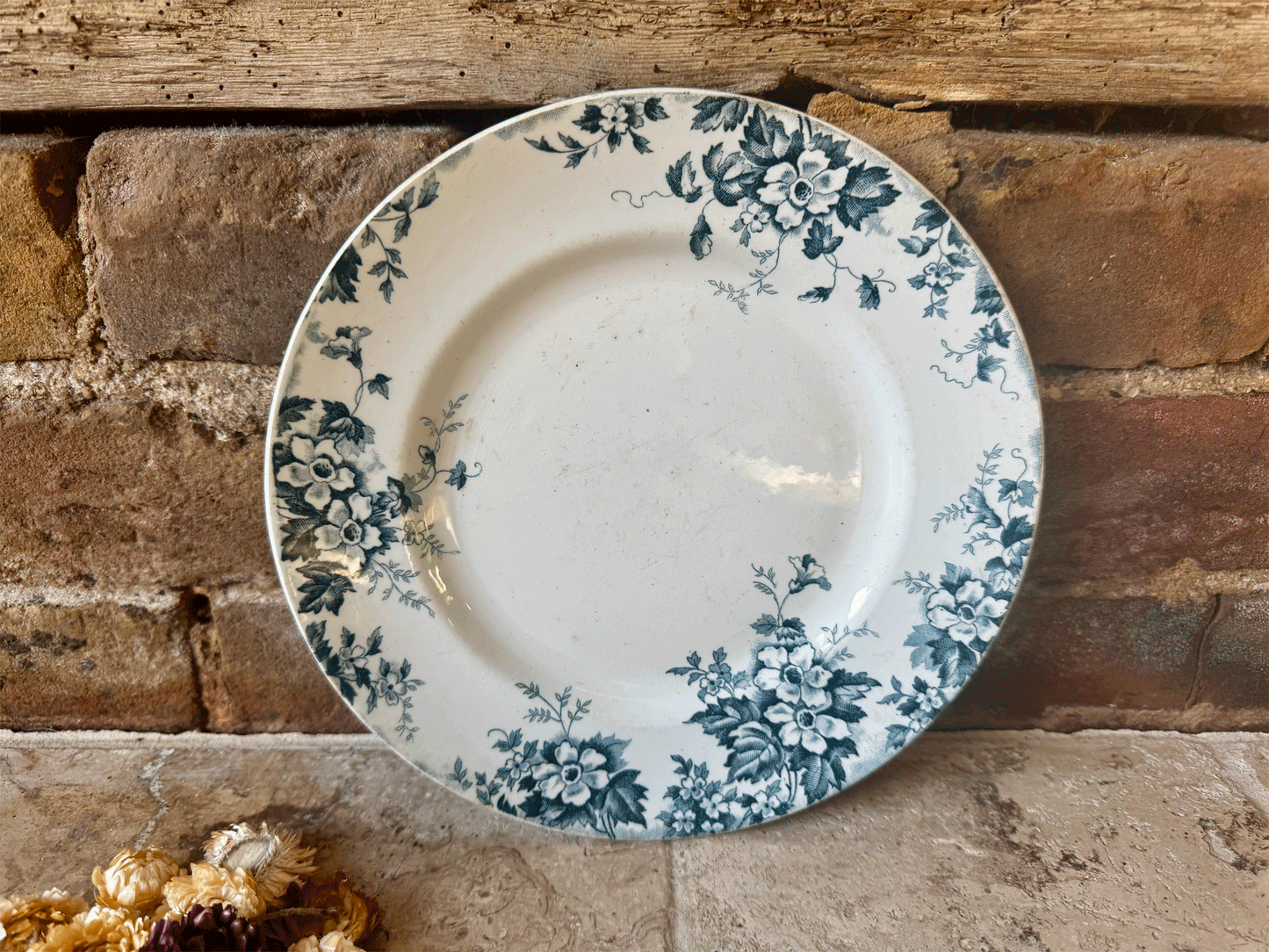 antique french st amand hamage ironstone terre de fer teal transferware plate floral marie louise pattern