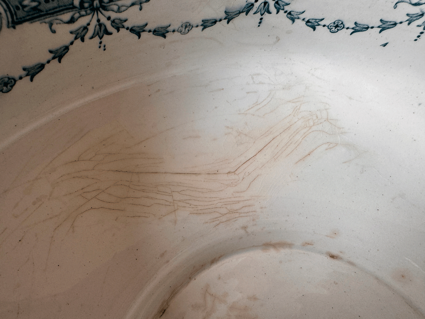 antique french large white ironstone terre de fer saladier serving bowl teal green transferware provence moulin loups hamage