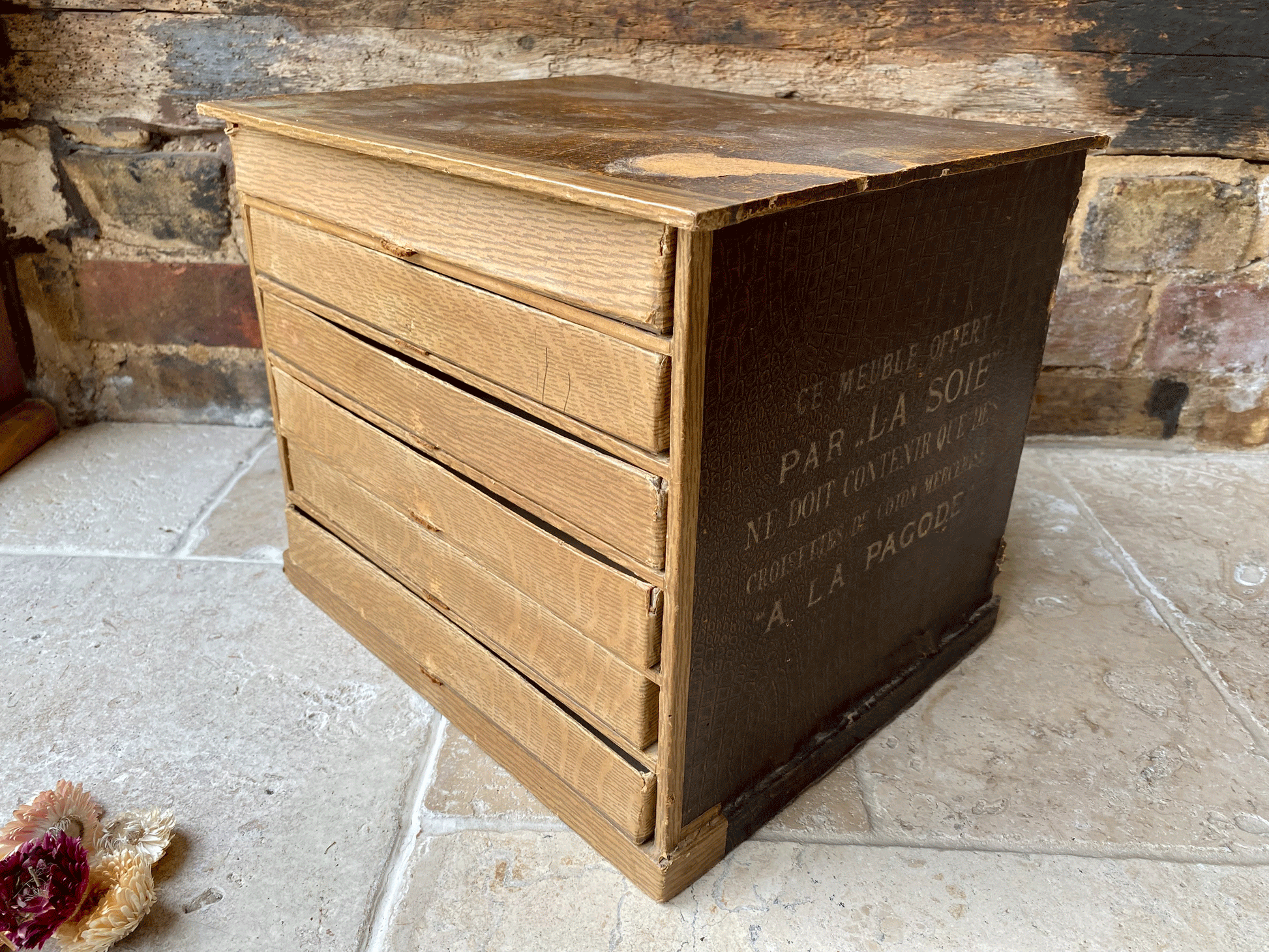 antique french chippy weathered vintage mercerie haberdashery shop advertising box silks cottons la soie la pagode