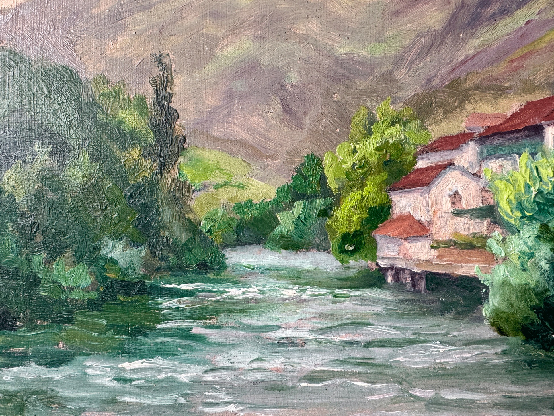antique french oil painting board signed gaston moreau known artist landscape mountains river