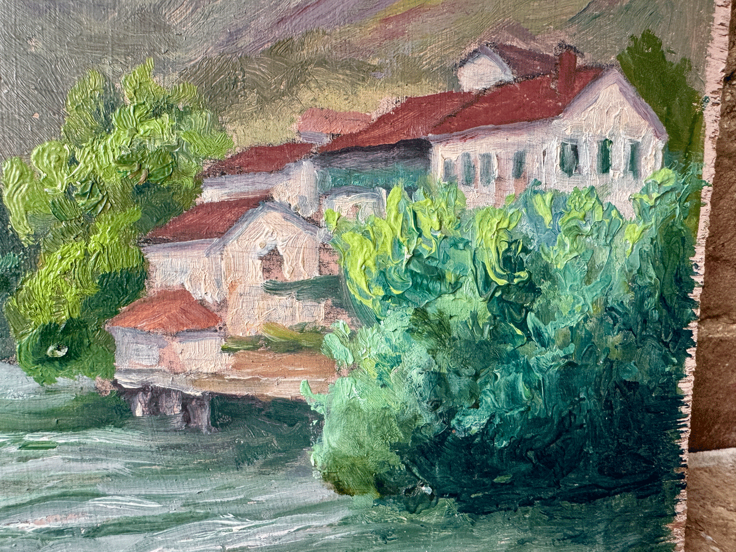 antique french oil painting board signed gaston moreau known artist landscape mountains river