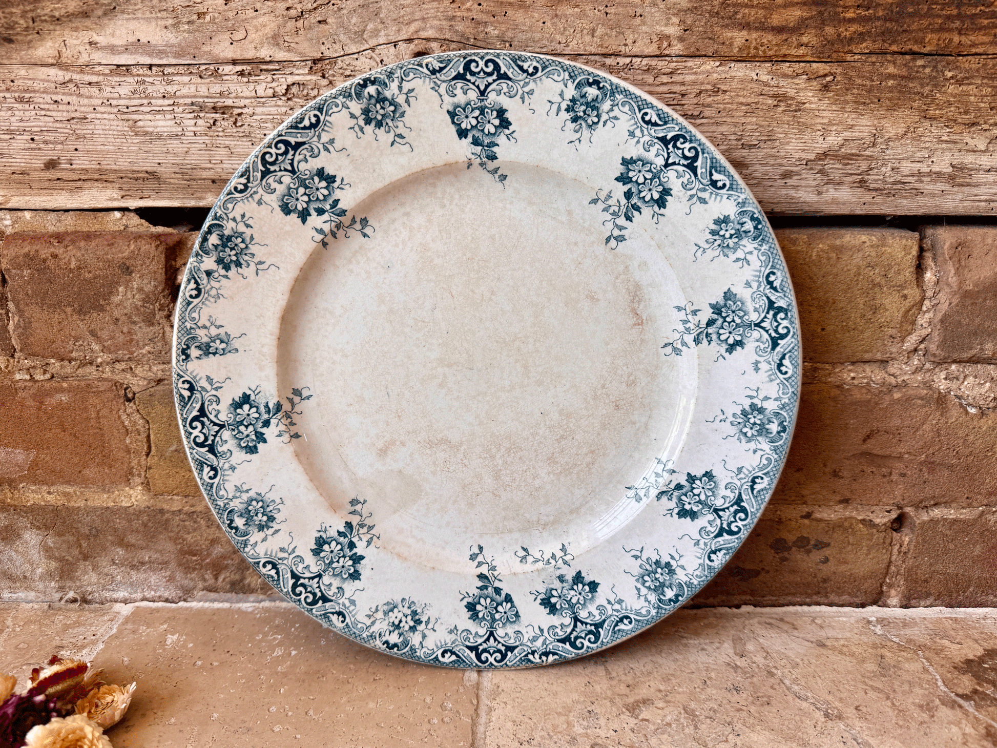 antique french large teal green blue transferware terre de fer ironstone platter floral st amand hamage border