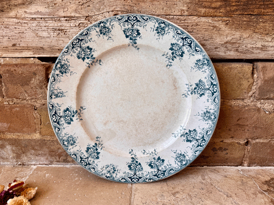 antique french large teal green blue transferware terre de fer ironstone platter floral st amand hamage border