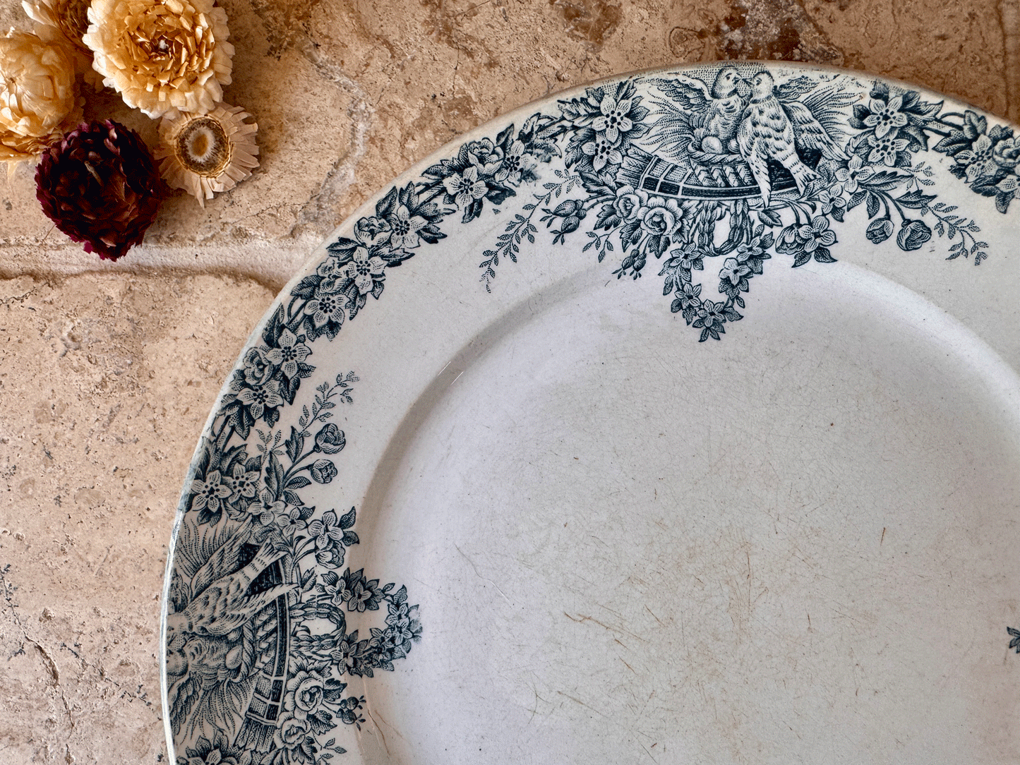 large antique french teal green blue transferware terre de fer ironstone platter lebacqz bouchart colombier birds
