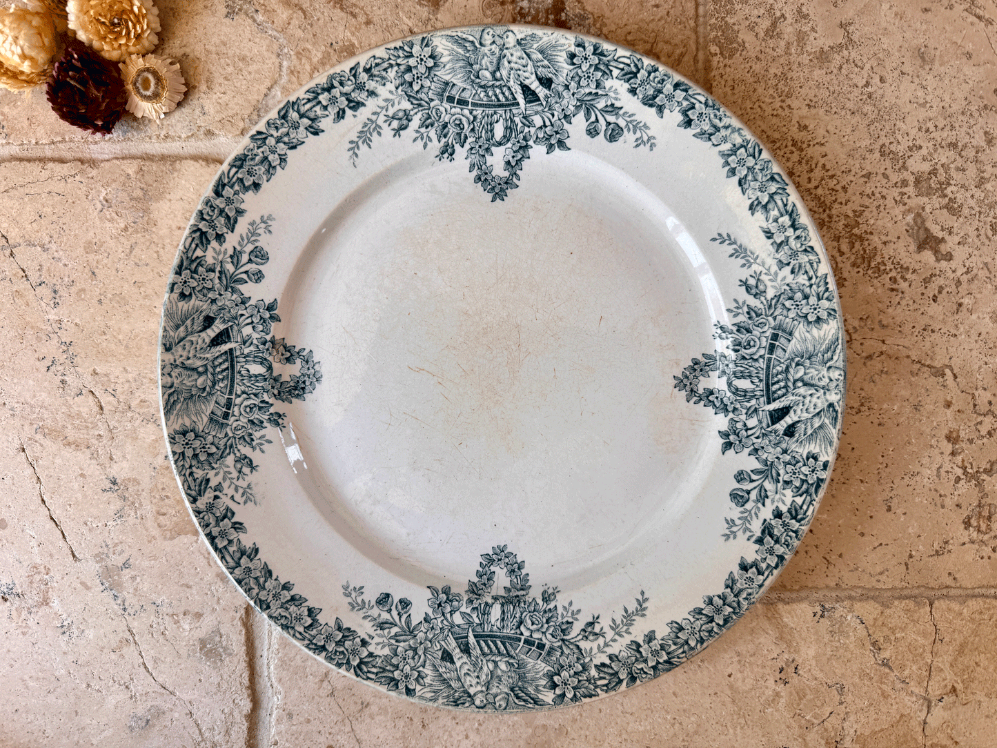 large antique french teal green blue transferware terre de fer ironstone platter lebacqz bouchart colombier birds