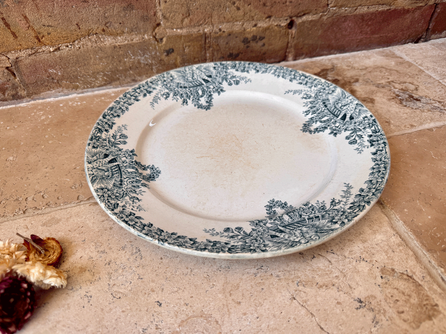 large antique french teal green blue transferware terre de fer ironstone platter lebacqz bouchart colombier birds
