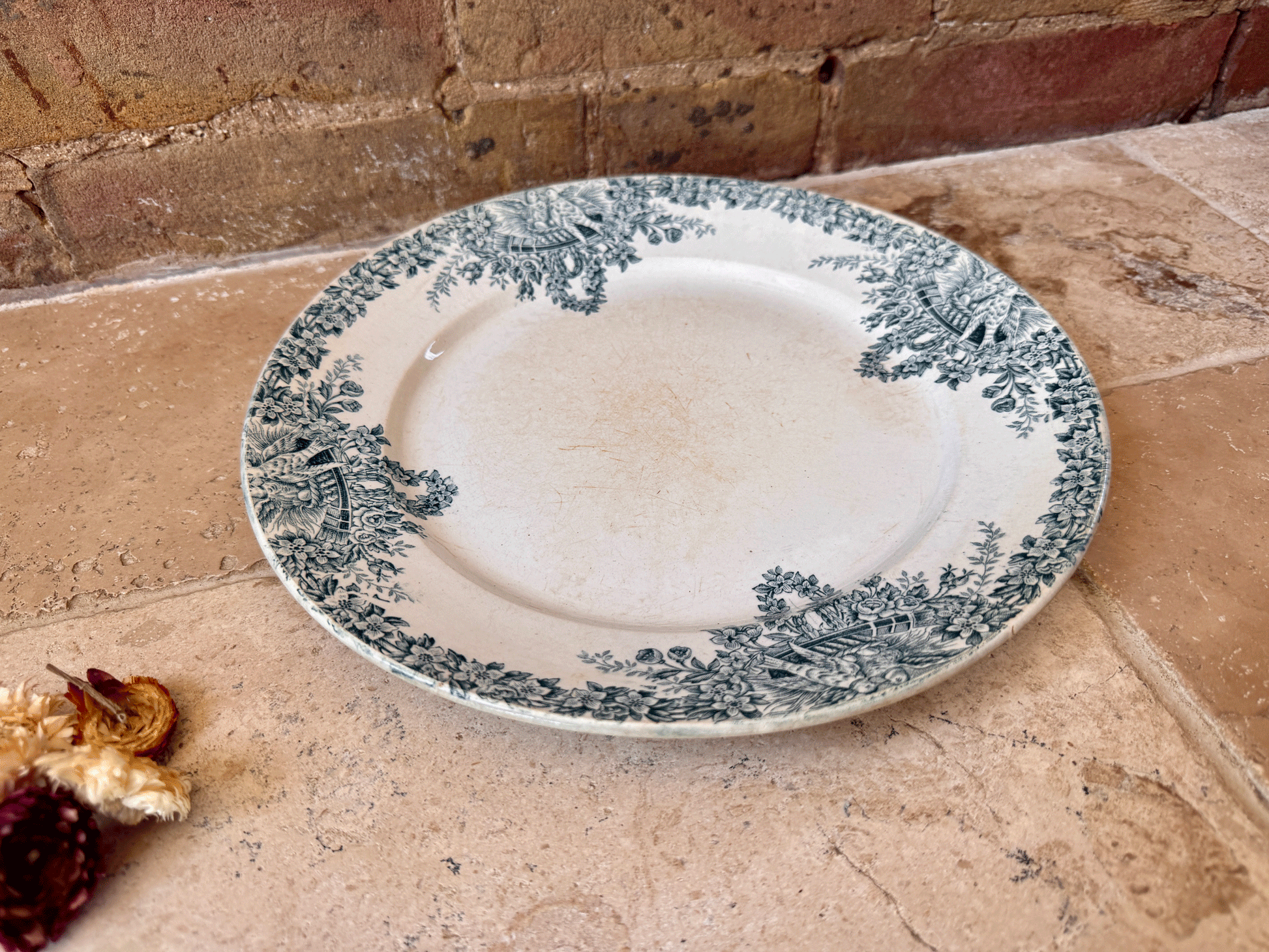 large antique french teal green blue transferware terre de fer ironstone platter lebacqz bouchart colombier birds