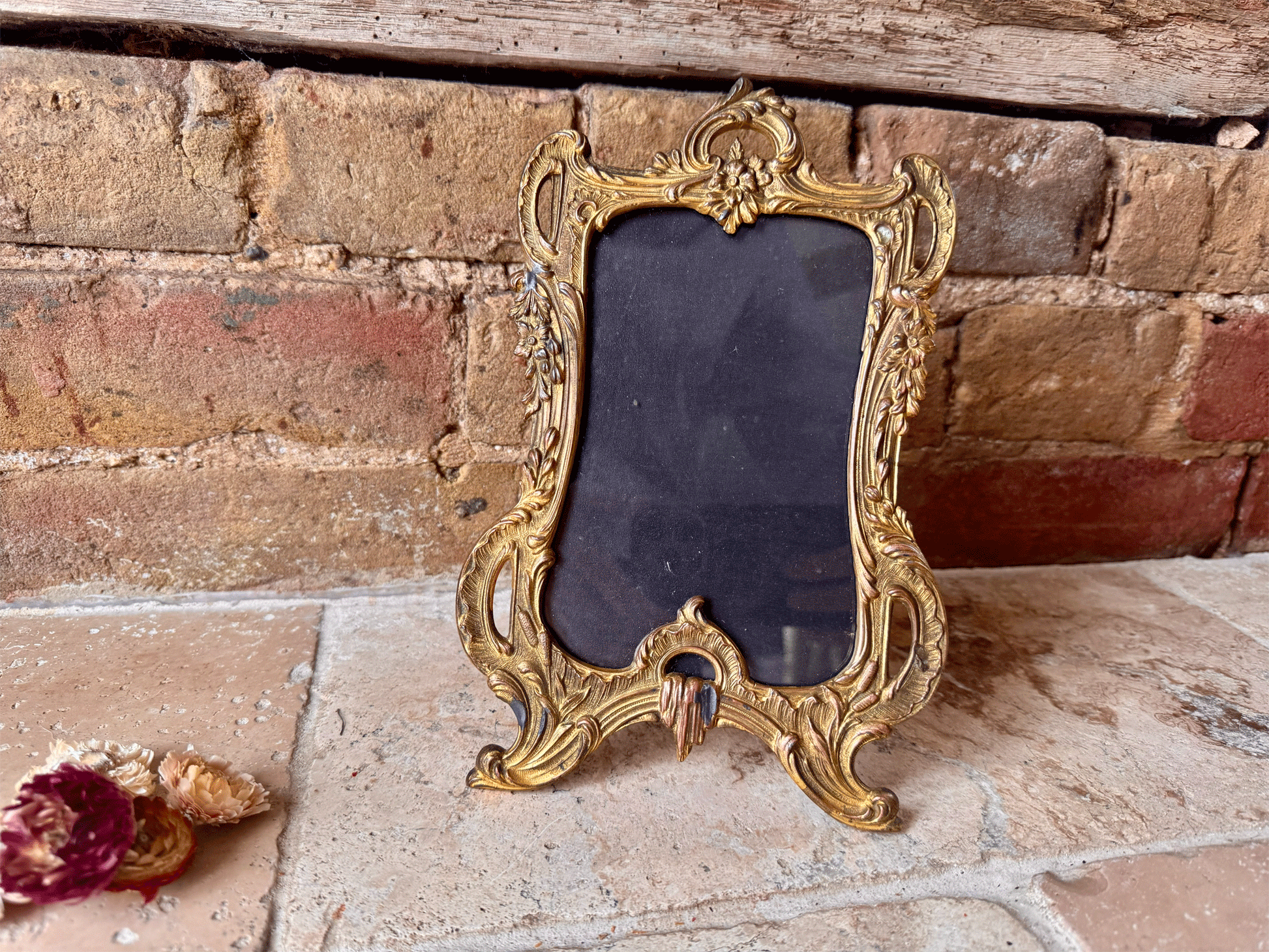 antique french brass photo picture frame decorative cornucopia scrollwork floral wreaths