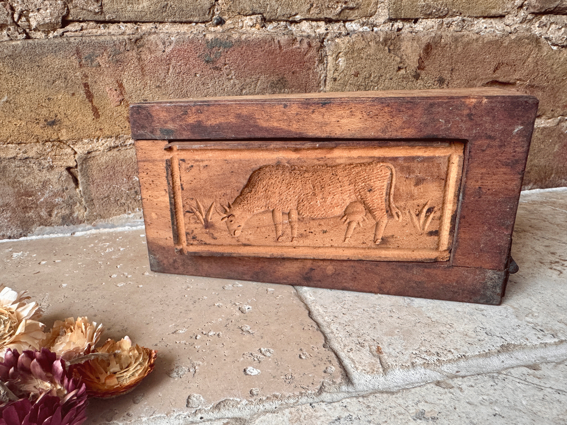 antique french rustic carved wooden treen butter mould brick grazing cow