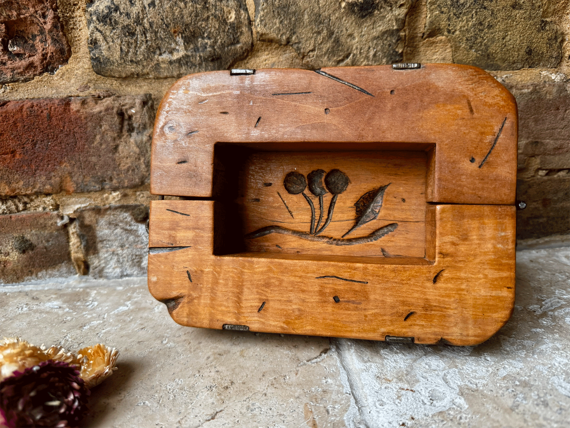 antique french chunky large arved wooden treen butter mould brick berries