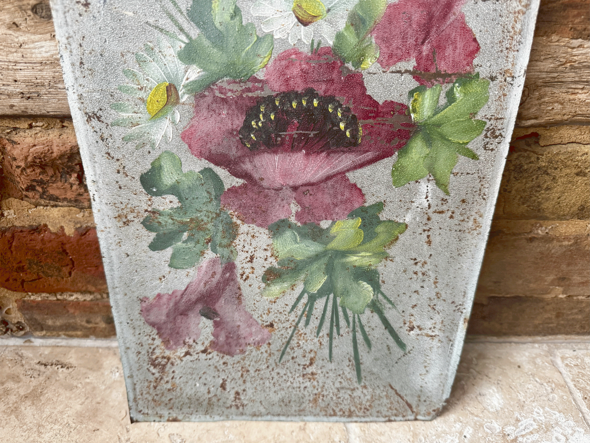 antique french oil painting toleware board florals poppies