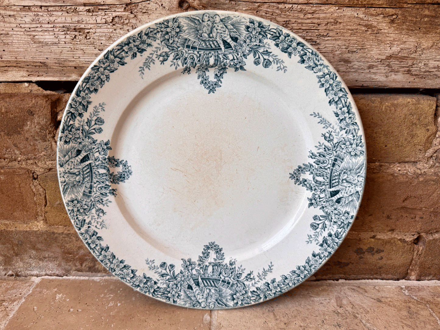 large antique french teal green blue transferware terre de fer ironstone platter lebacqz bouchart colombier birds