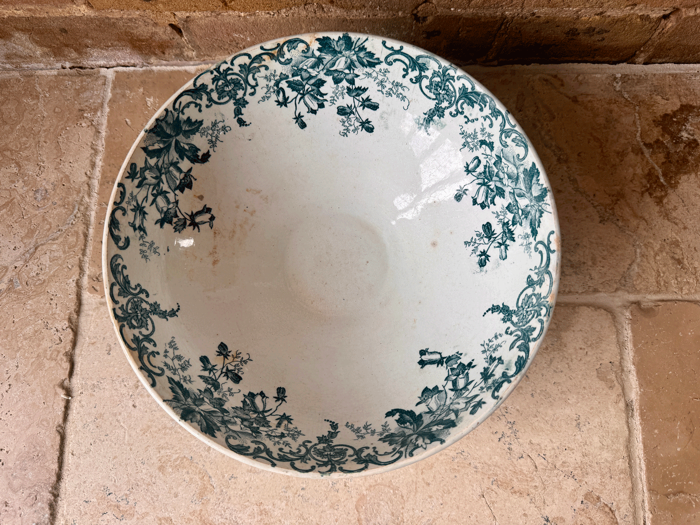 antique french campanule saint amand hamage large deep green teal transferware saladier serving salad bowl