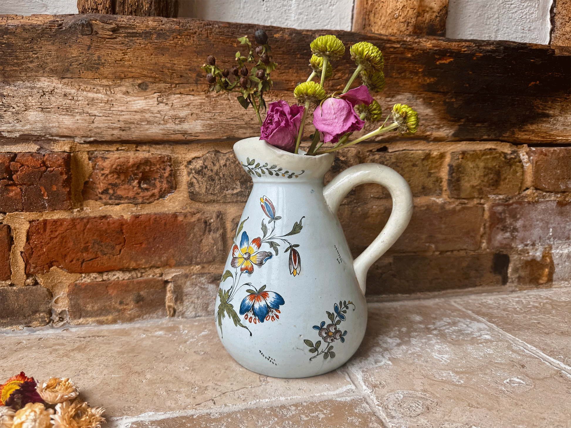 antique french large hand painted stoneware studio jug vase florals dragonfly