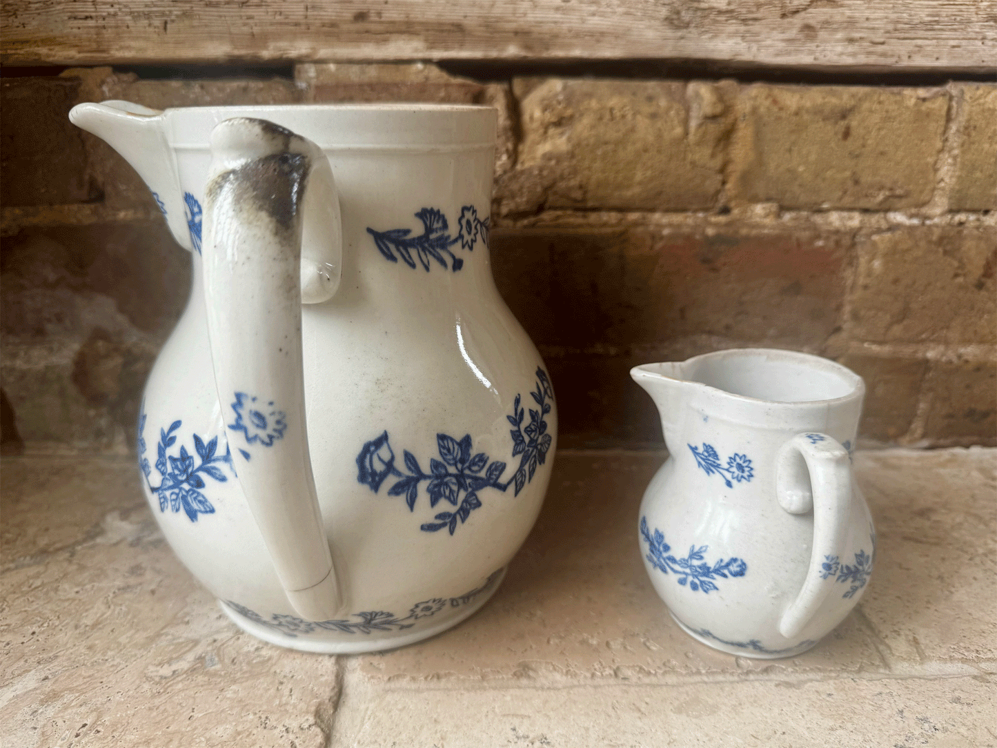 antique french blue white floral extra large small creamer pitcher jug