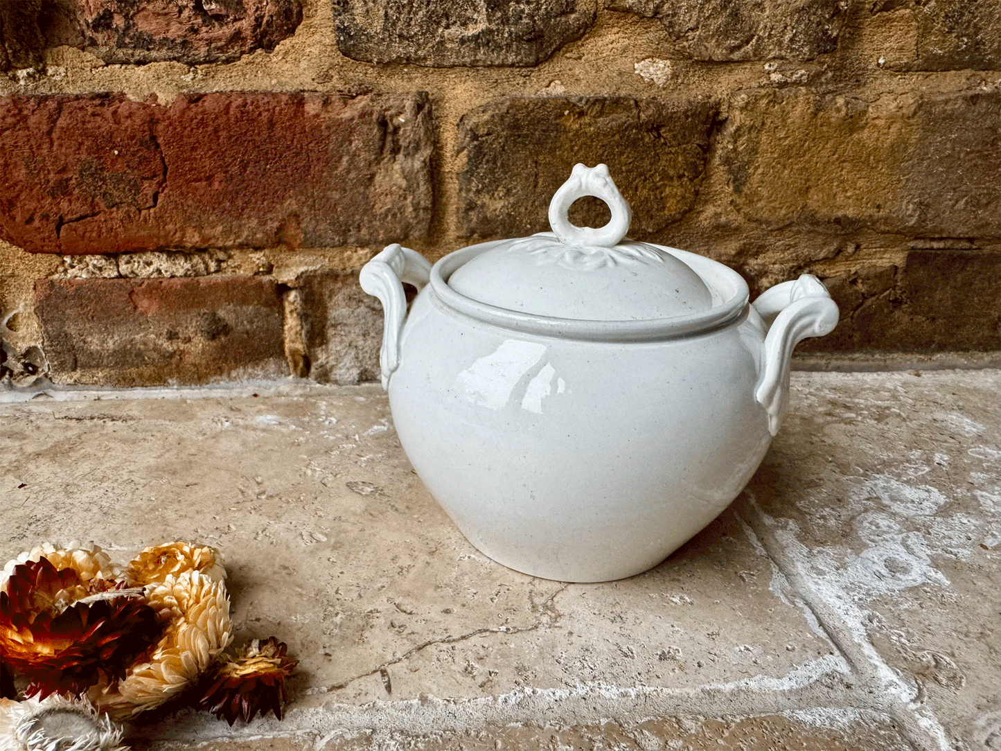 antique french plain white ironstone lidded sugar bowl