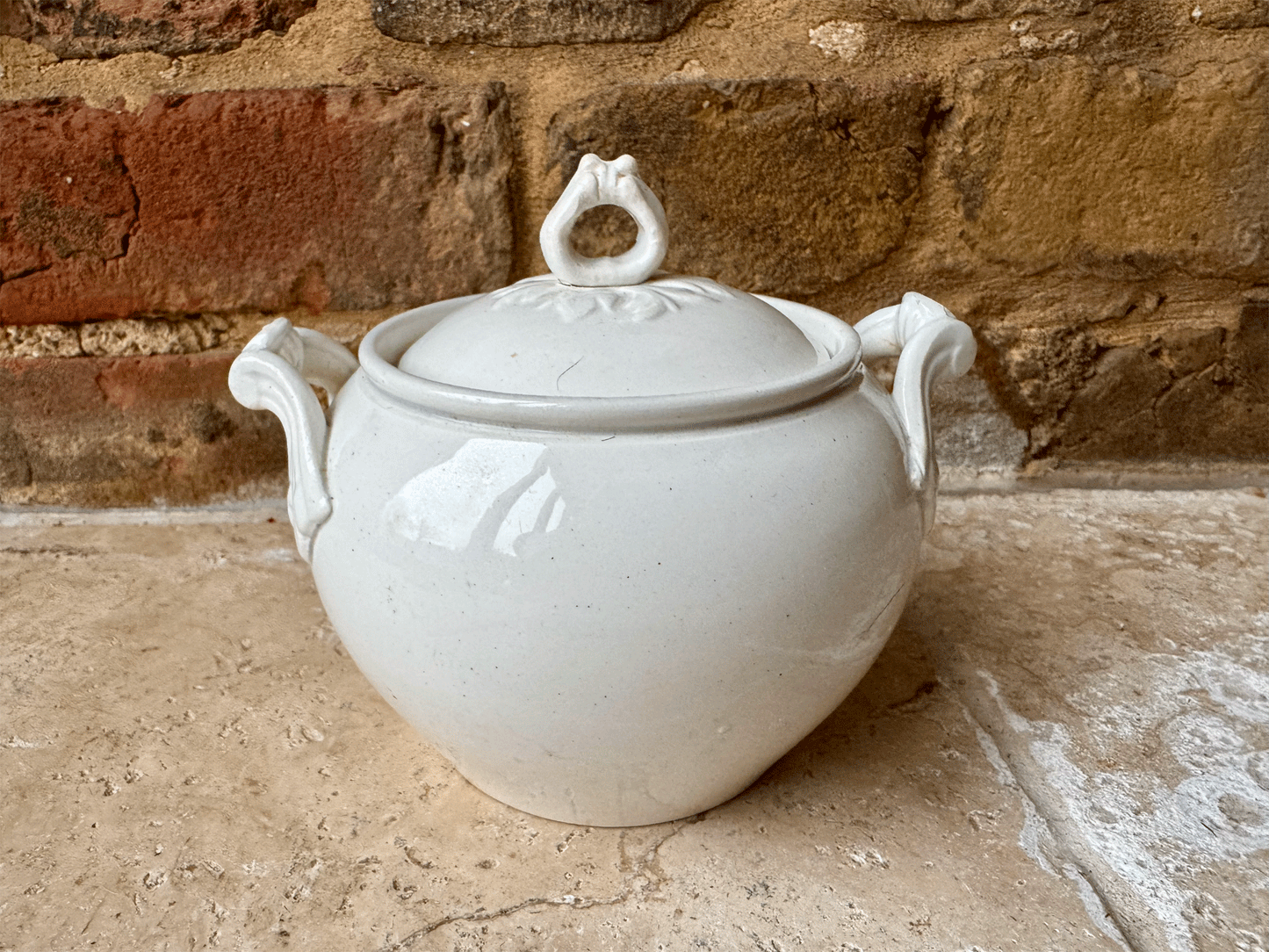 antique french plain white ironstone lidded sugar bowl