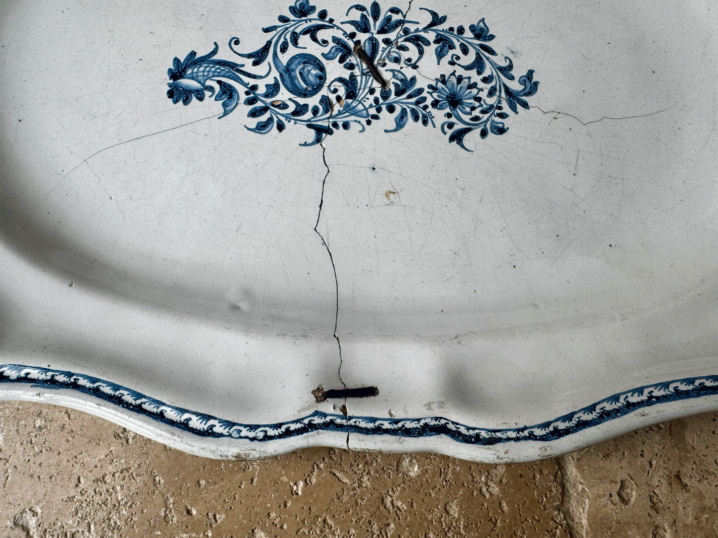 antique french large hand painted 19th century platter blue floral motif stapled repair