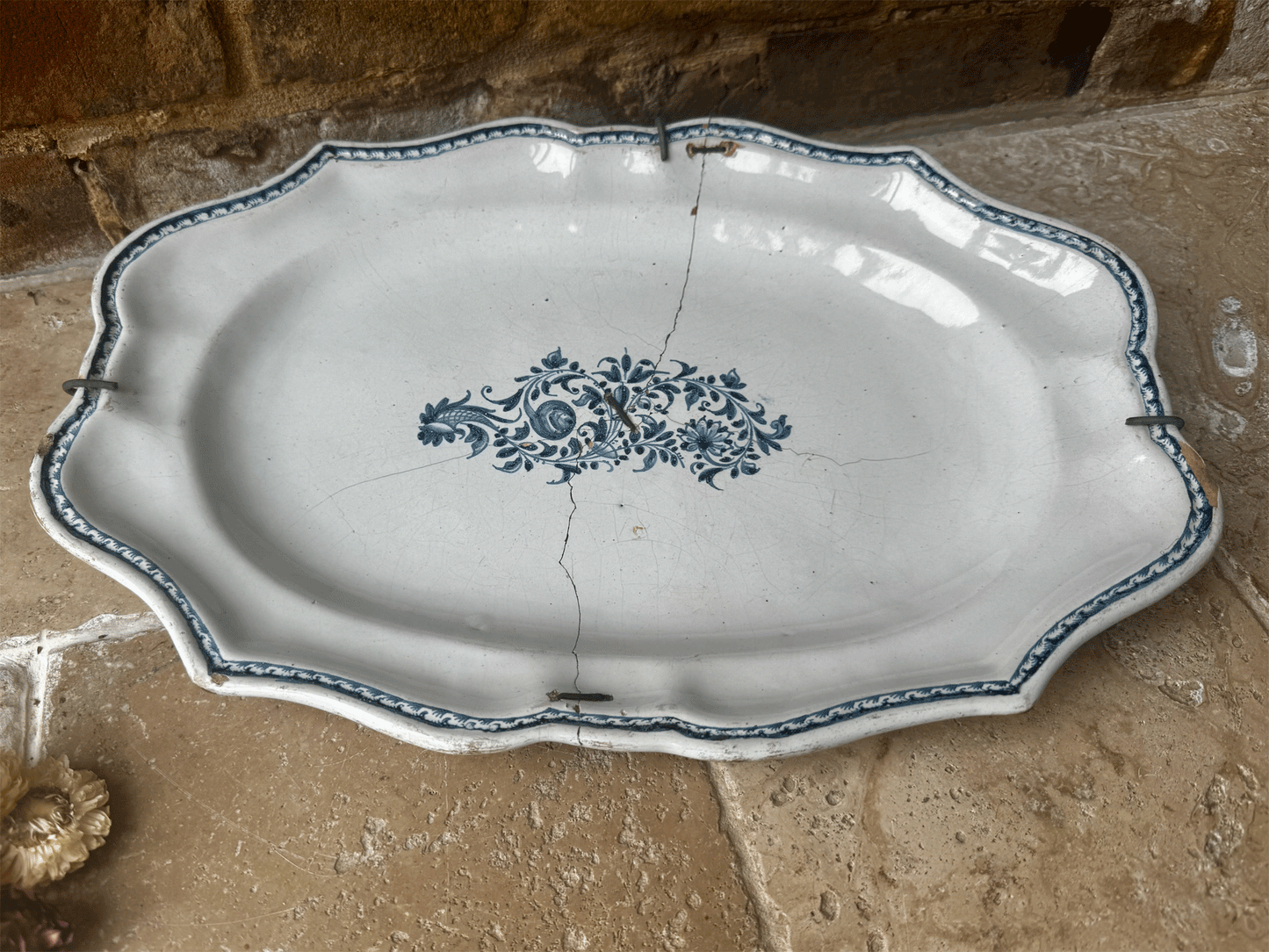antique french large hand painted 19th century platter blue floral motif stapled repair