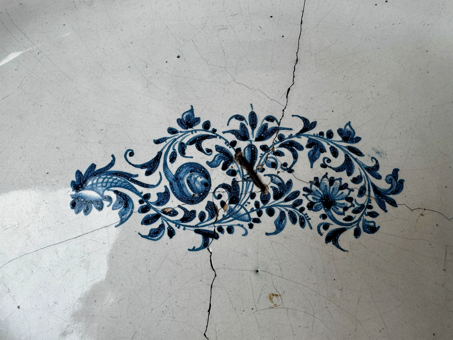 antique french large hand painted 19th century platter blue floral motif stapled repair