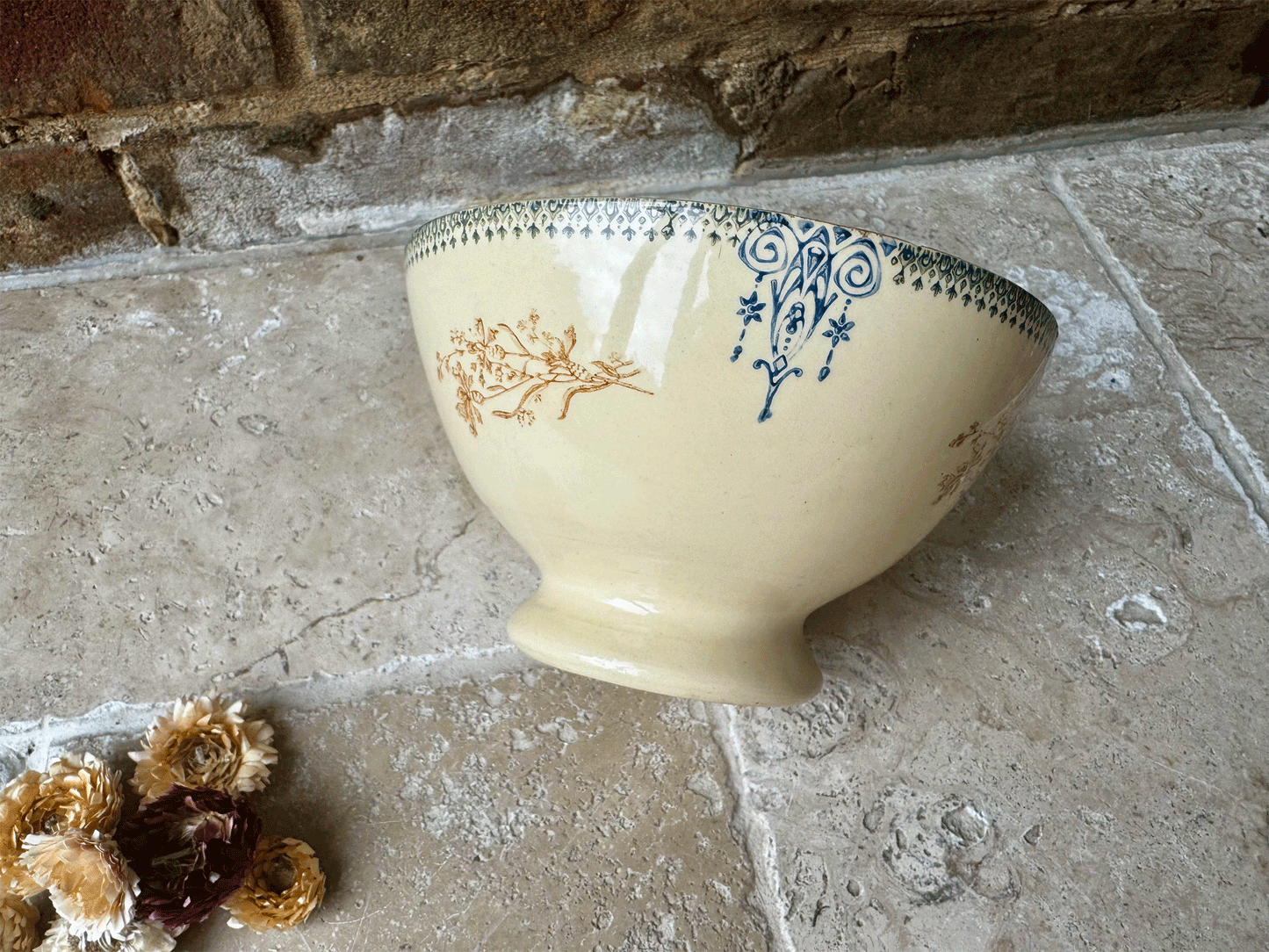 rare large antique french spongeware ironstone cafe au lait bowl