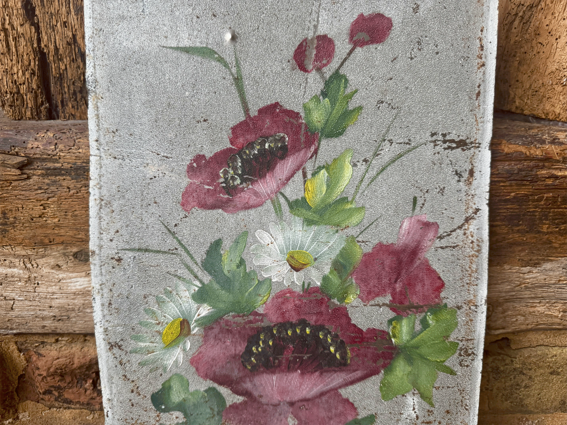 antique french oil painting toleware board florals poppies