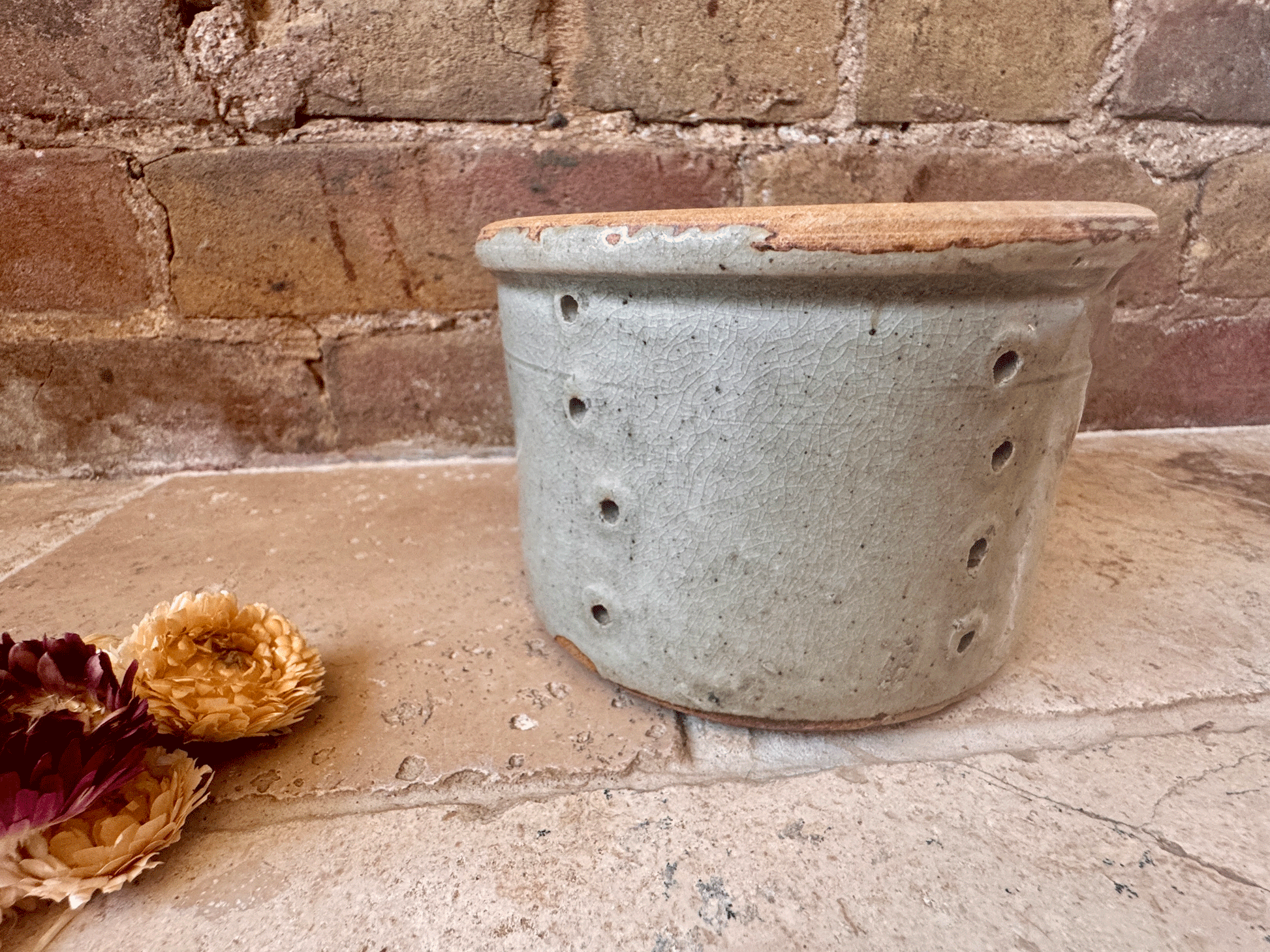 antique french large creamy grey rustic pierced faisselle cheese drainer