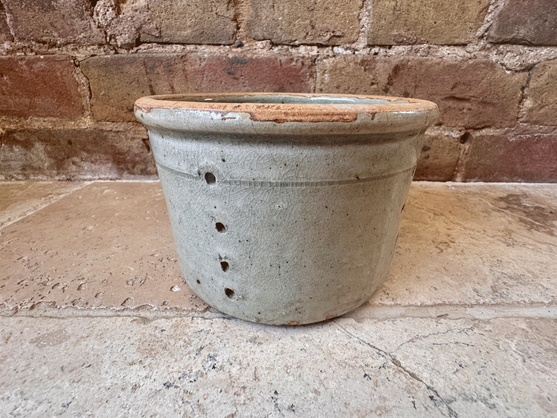 antique french large creamy grey rustic pierced faisselle cheese drainer