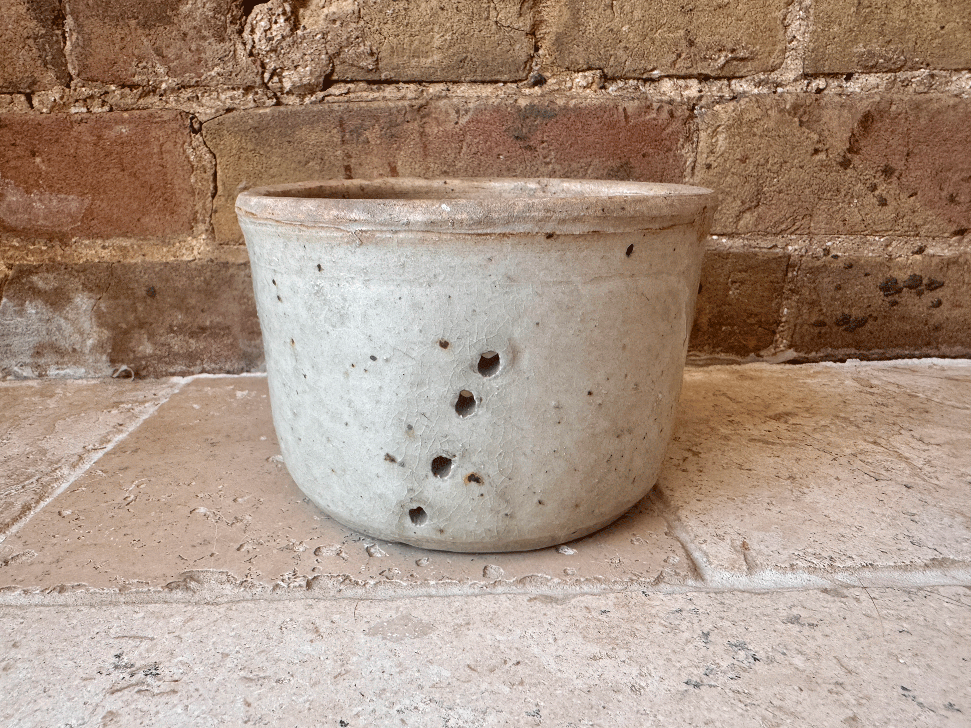 antique french 19th century large rustic stoneware pierced cheese drainer strainer mould faisselle