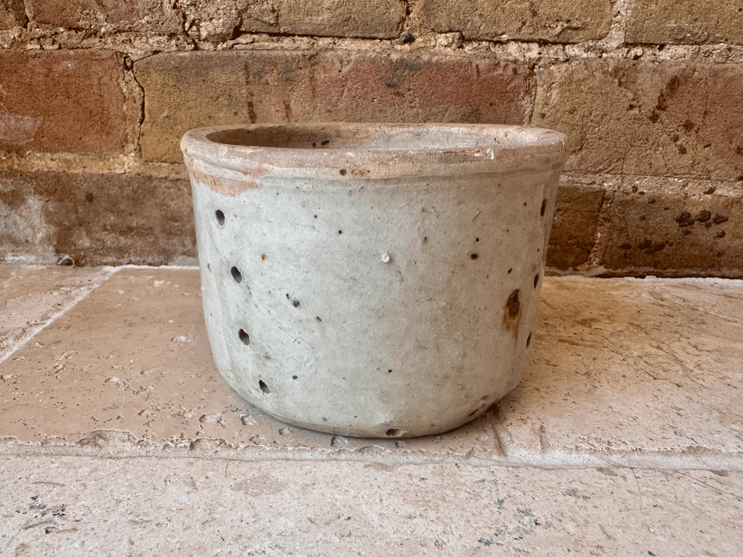 antique french 19th century large rustic stoneware pierced cheese drainer strainer mould faisselle