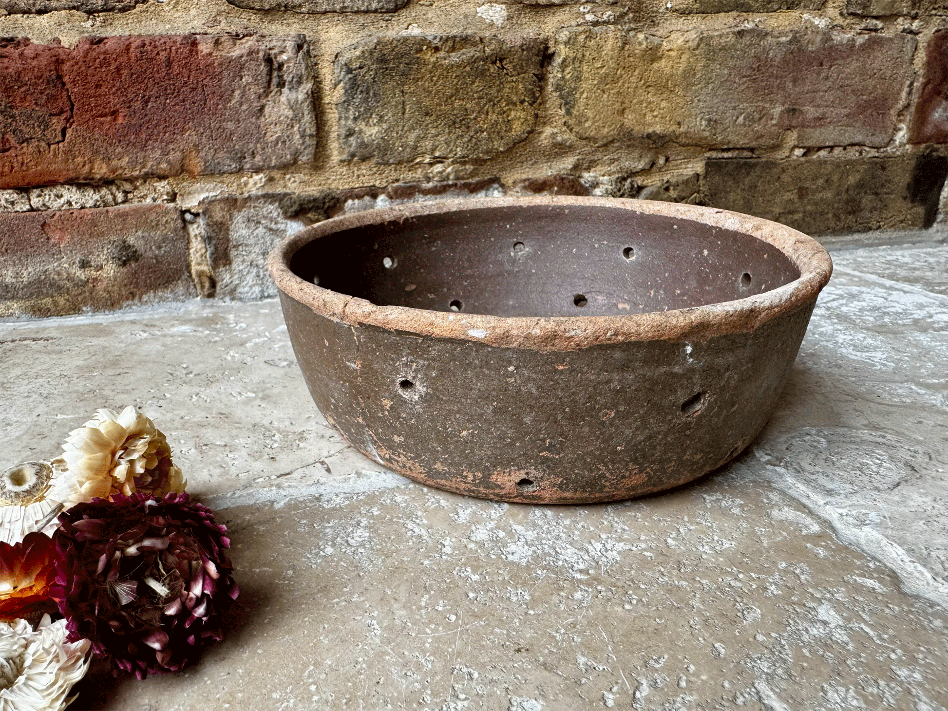 huge large antique rustic french faisselle cheese strainer drainer mould pierced stoneware pot