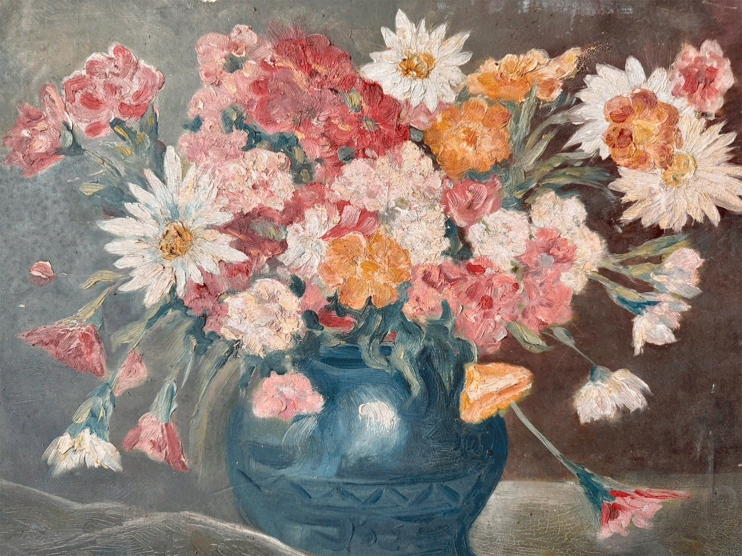 large signed antique french floral composition still life flowers blue vase sombre muted oil board