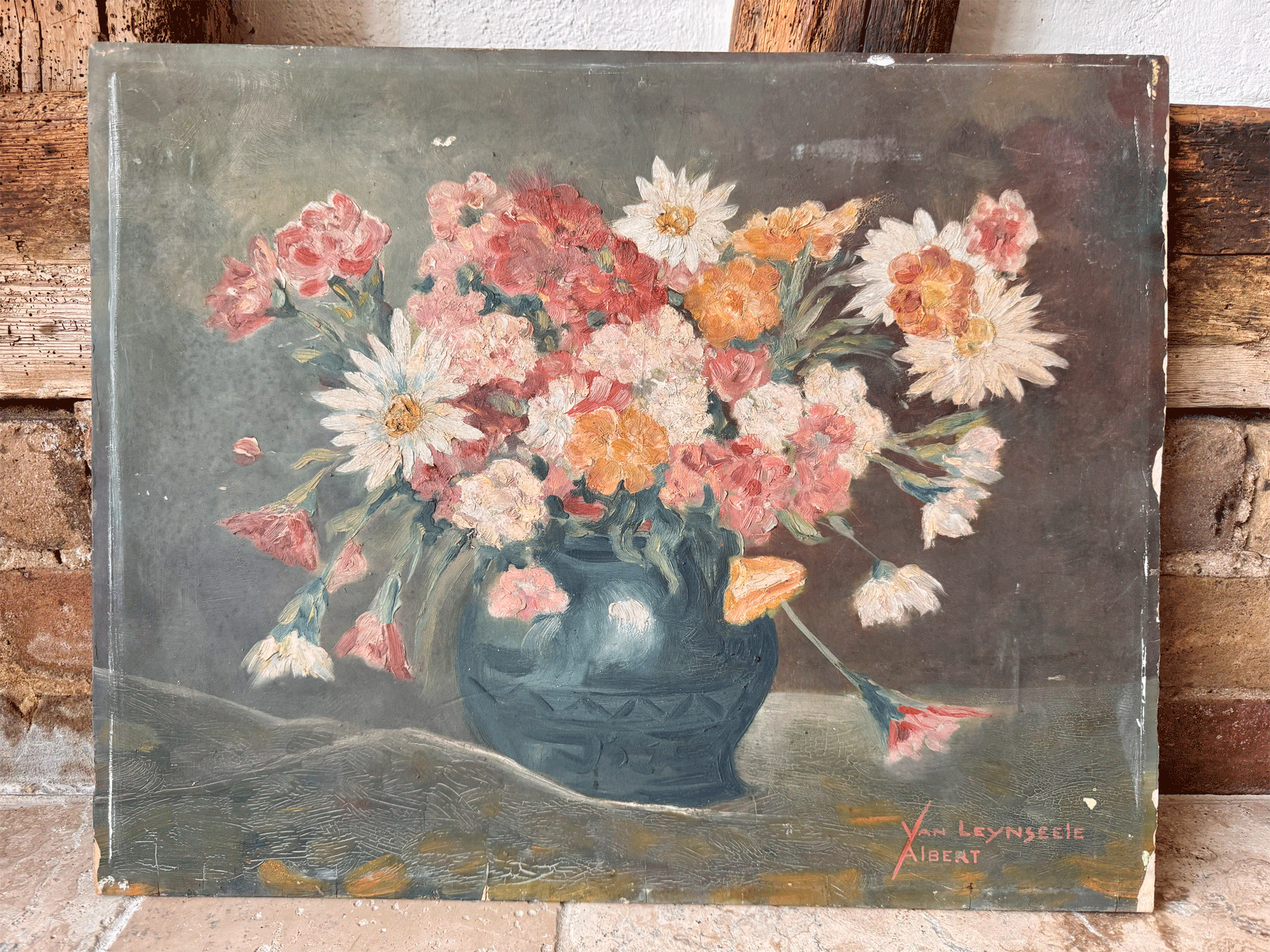 large signed antique french floral composition still life flowers blue vase sombre muted oil board