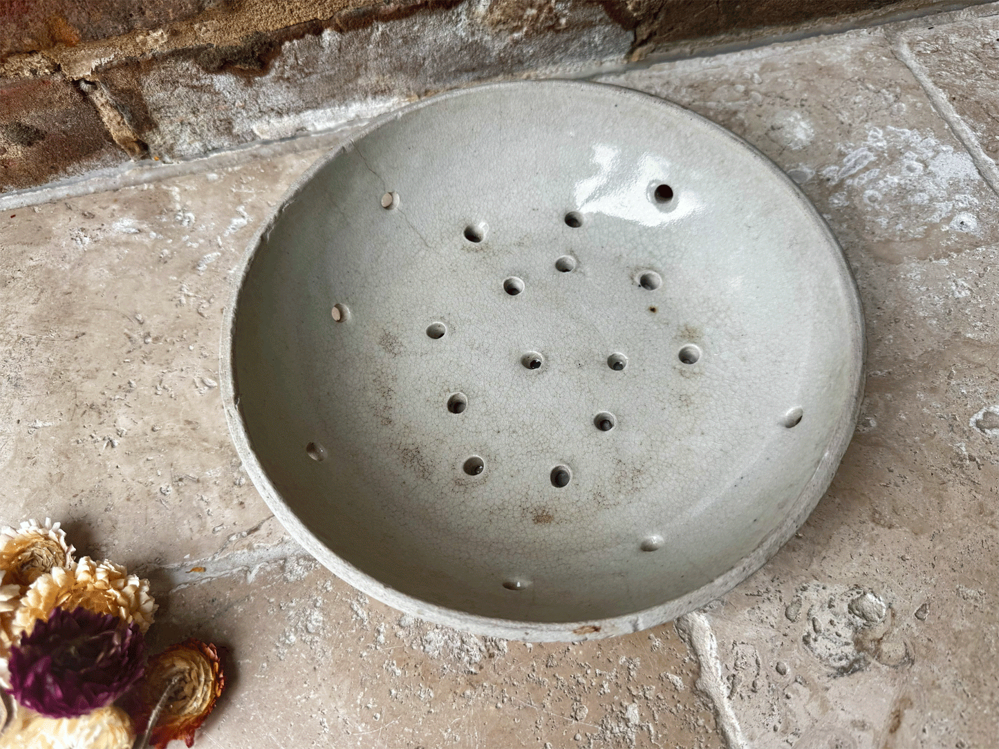 antique french stoneware rustic berry bowl pierced strainer drainer