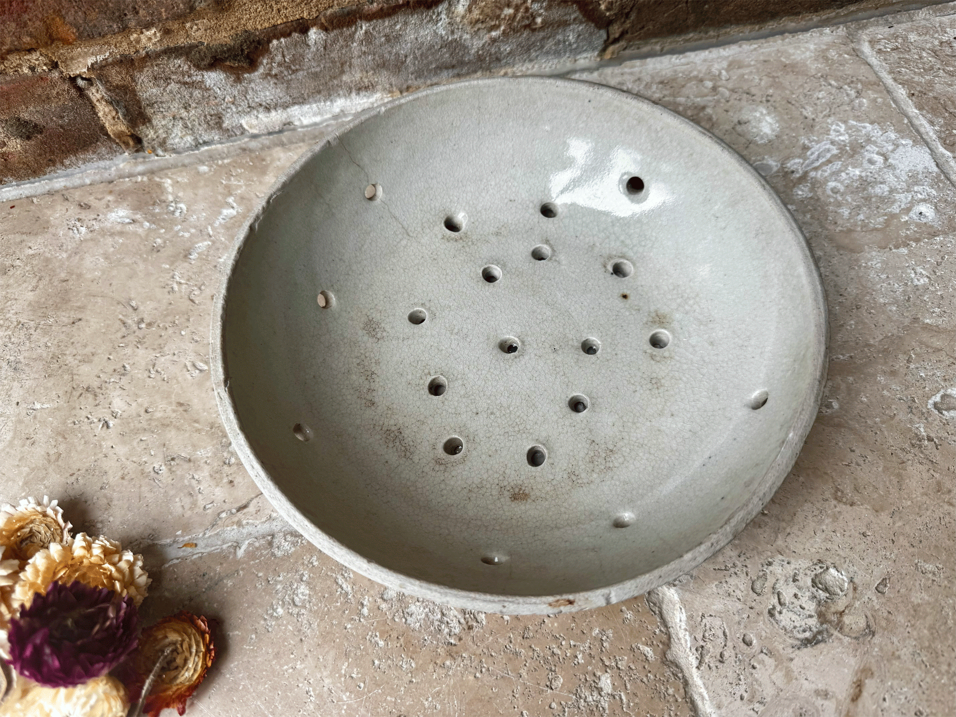 antique french stoneware rustic berry bowl pierced strainer drainer