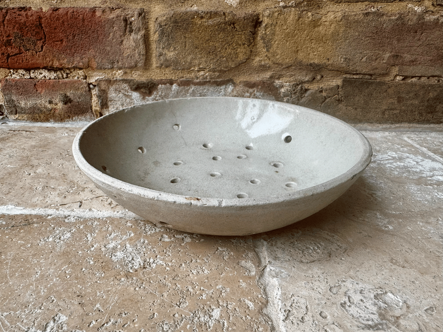 antique french stoneware rustic berry bowl pierced strainer drainer