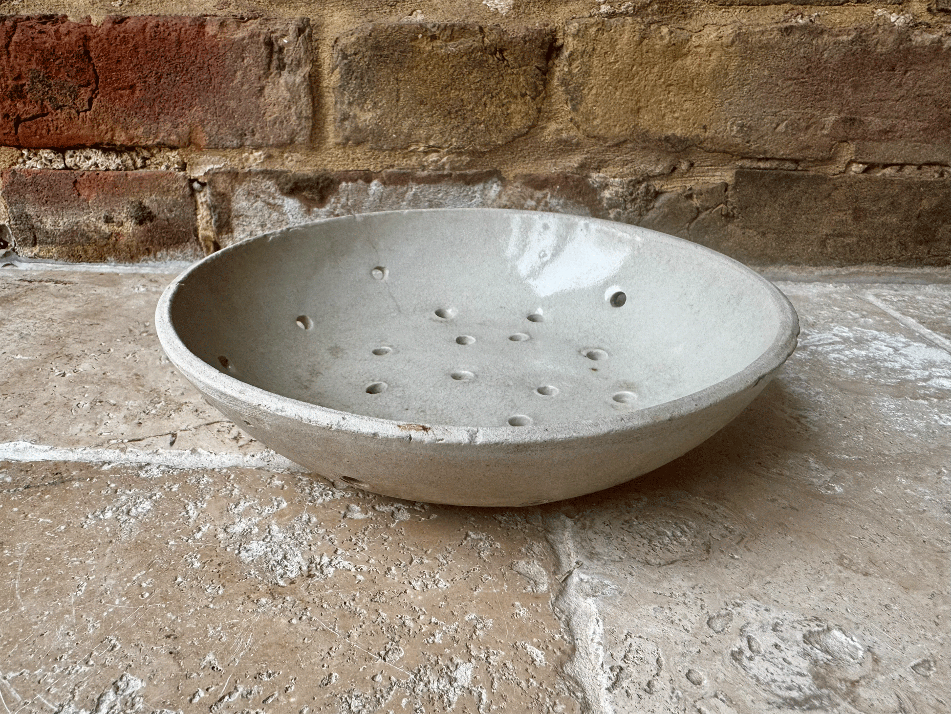 antique french stoneware rustic berry bowl pierced strainer drainer