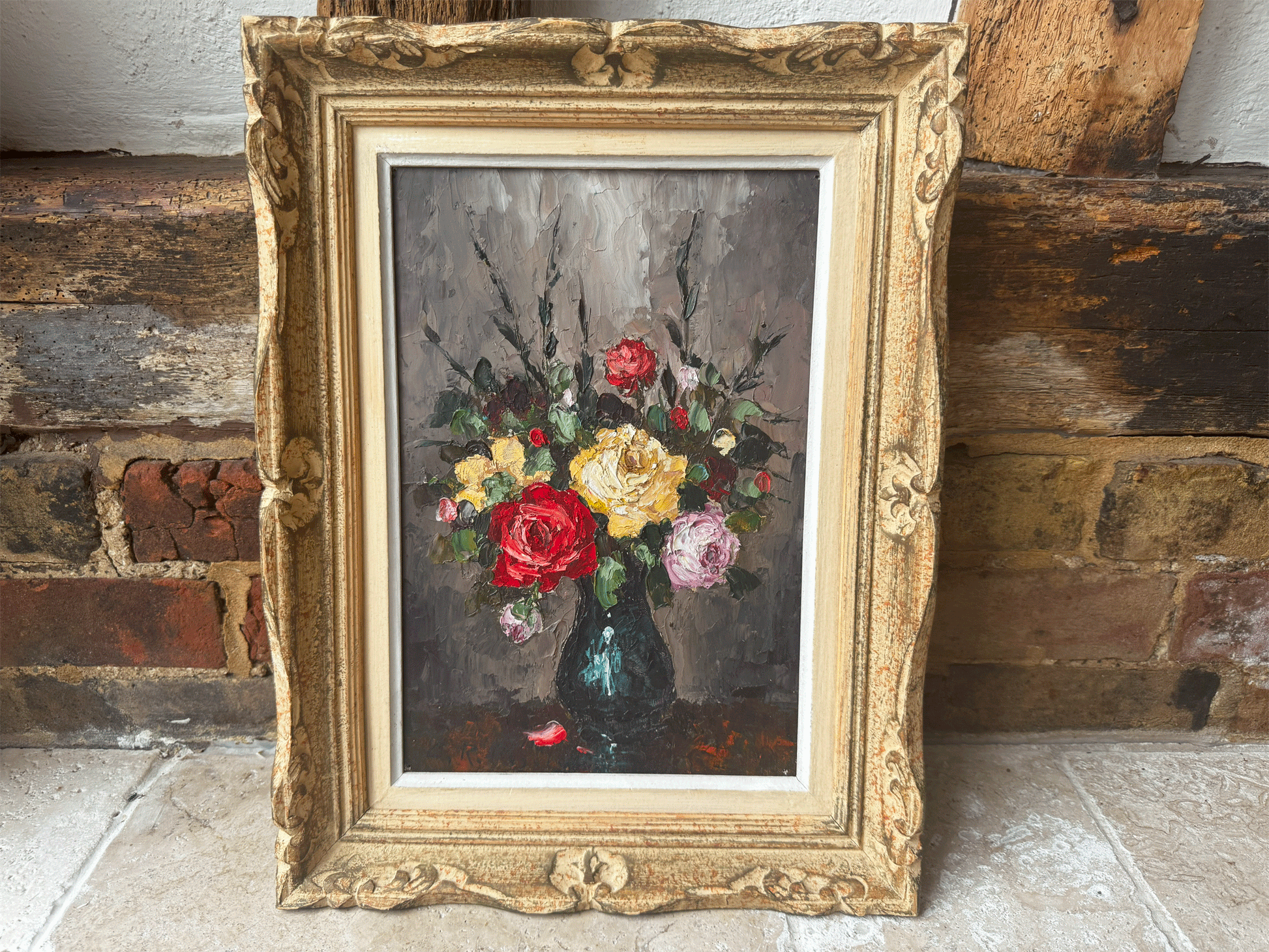 antique framed floral roses oil canvas painting signed well known artist c r puget claude roger