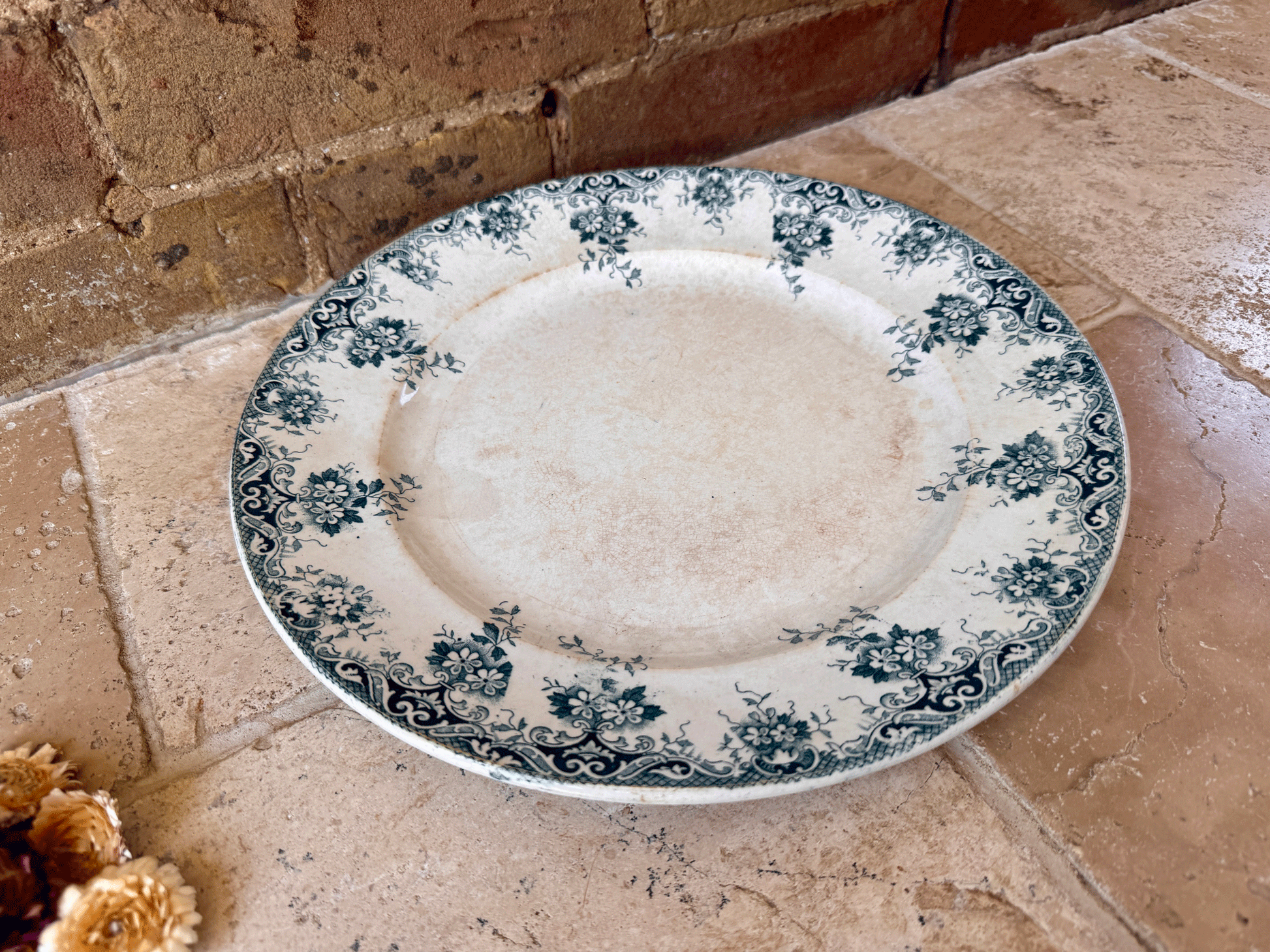 antique french large teal green blue transferware terre de fer ironstone platter floral st amand hamage border