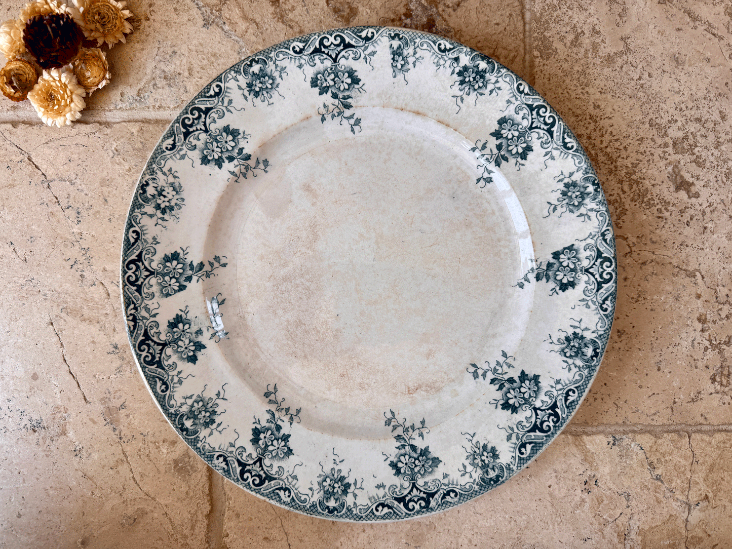 antique french large teal green blue transferware terre de fer ironstone platter floral st amand hamage border