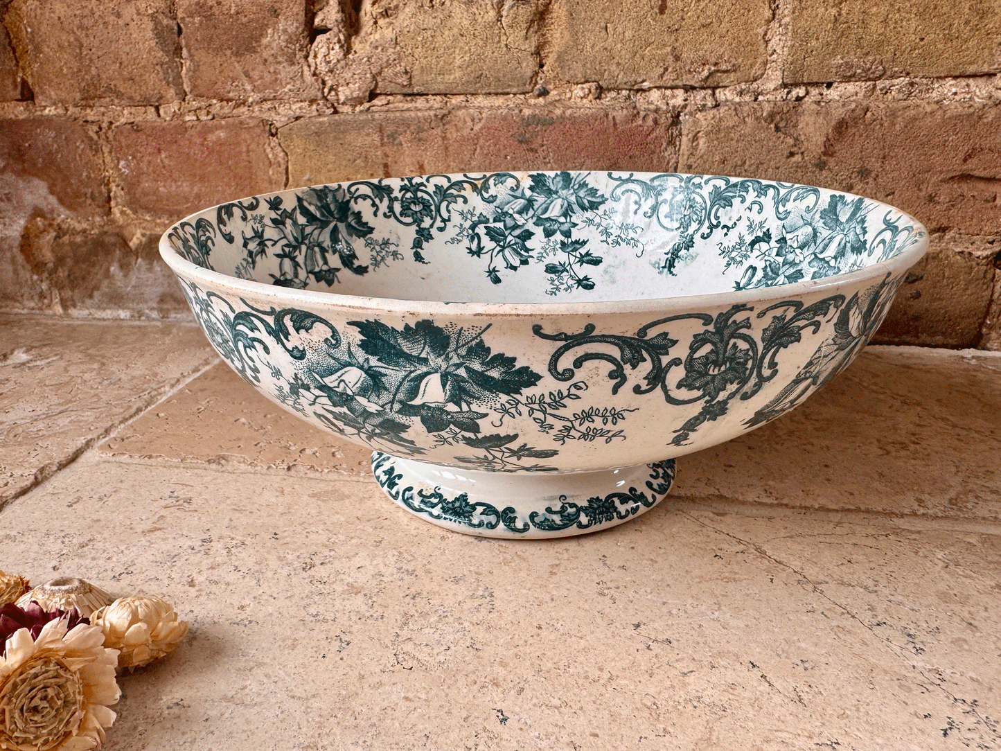 antique french campanule saint amand hamage large deep green teal transferware saladier serving salad bowl