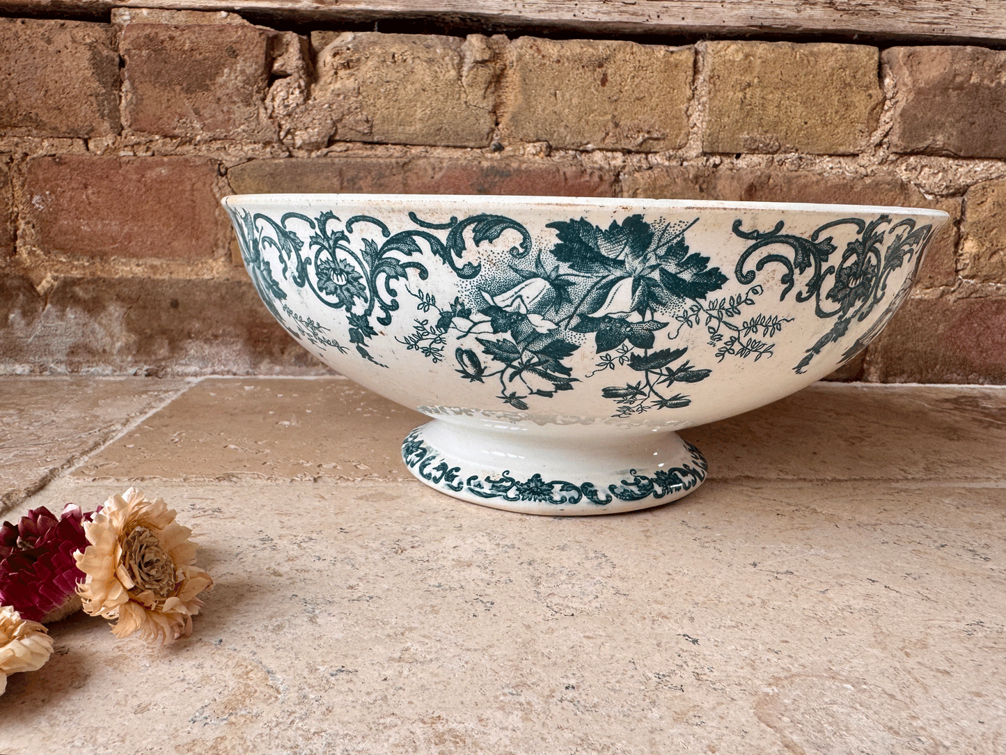 antique french campanule saint amand hamage large deep green teal transferware saladier serving salad bowl