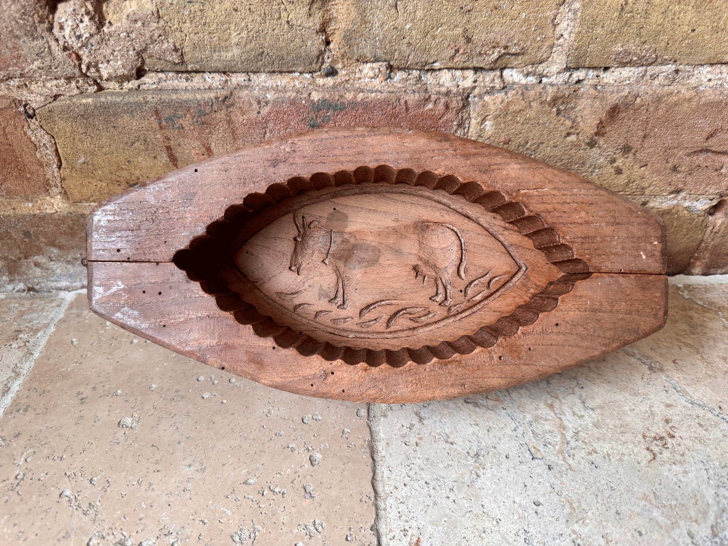 large antique french rustic grazing cow carved wooden treen butter brick mould