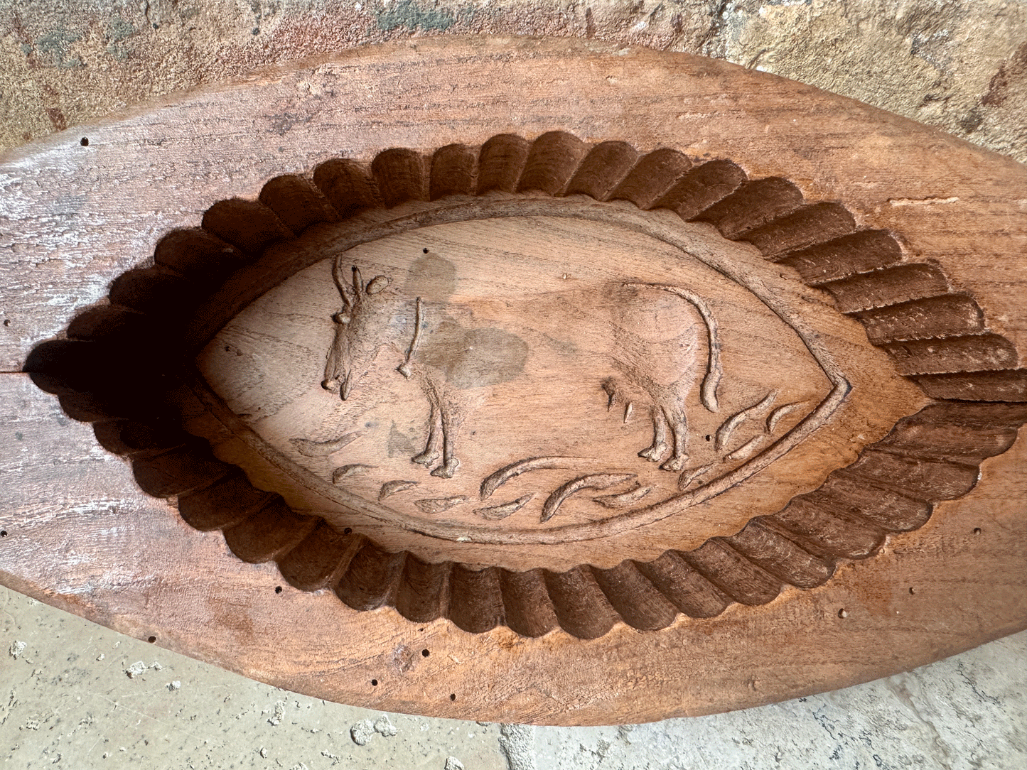 large antique french rustic grazing cow carved wooden treen butter brick mould
