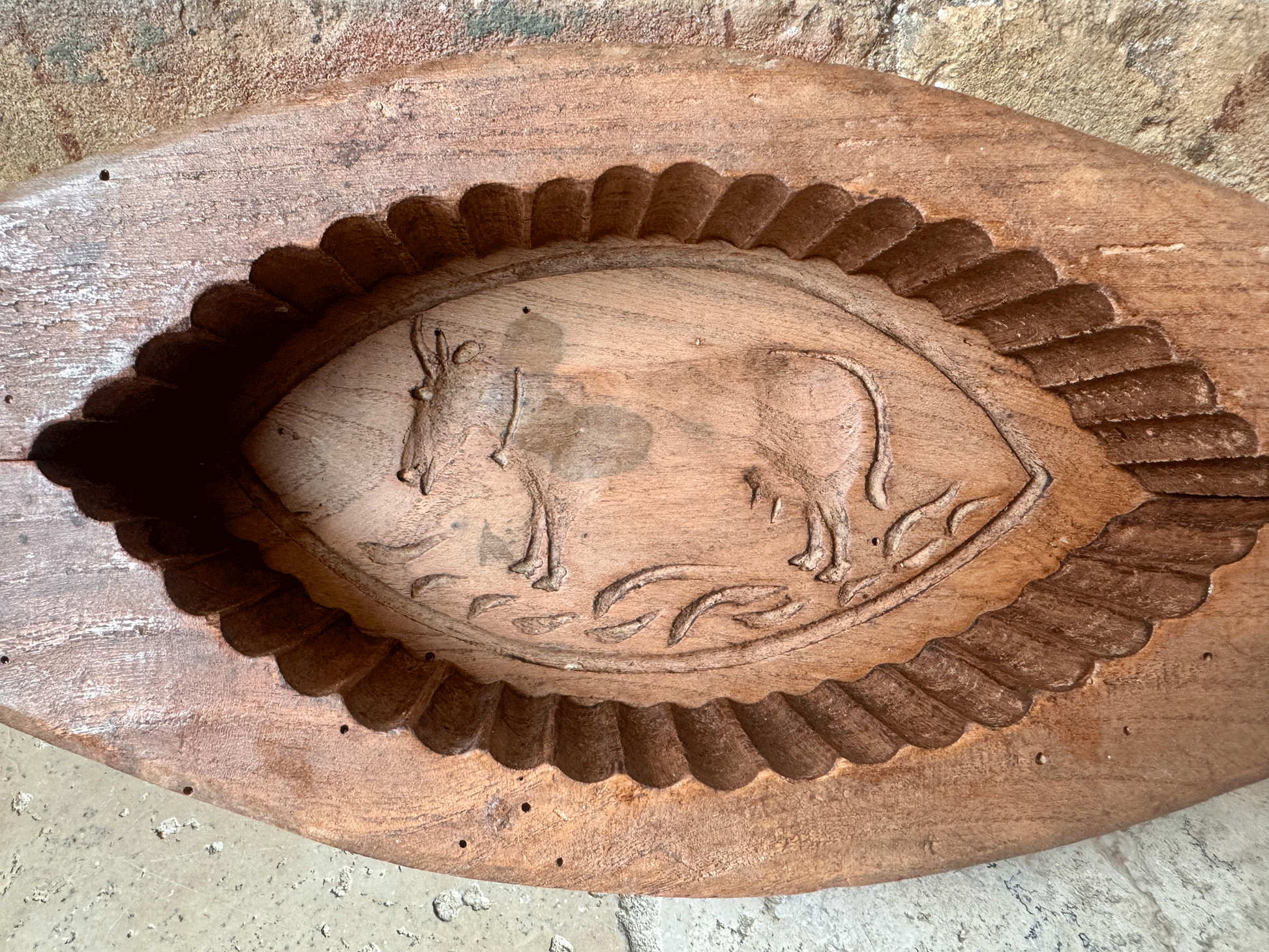 large antique french rustic grazing cow carved wooden treen butter brick mould
