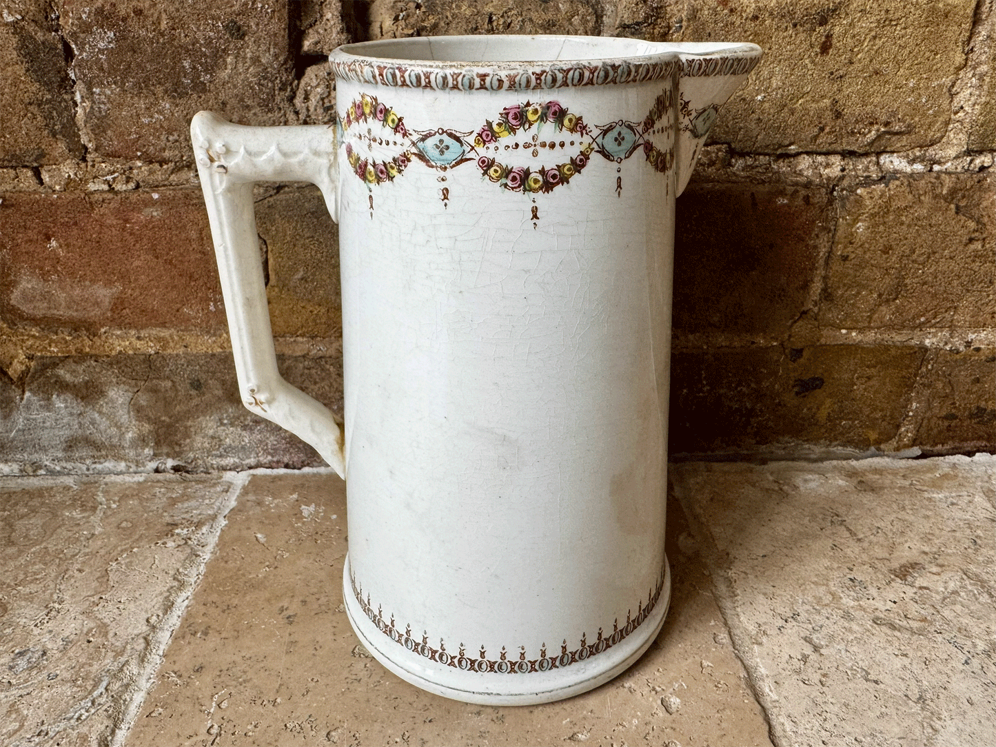 antique french ironstone water pitcher tall large jug gien pastel garland border